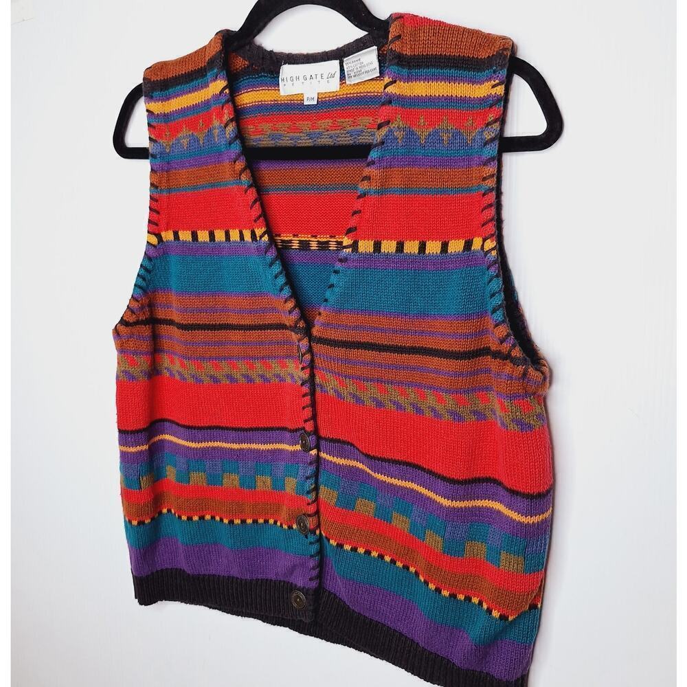 Vintage 90s Sweater Vest High Gate Southwestern Eclectic Grandpa PM Ramie Cotton - Picture 2 of 9